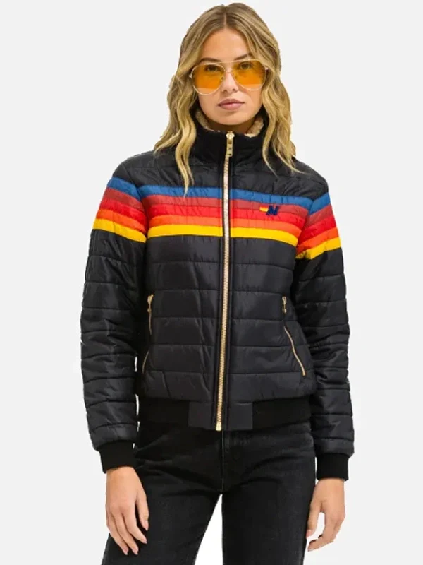 Rainbow Stripe Aviator Puffer Jacket – Bold Streetwear for Winter