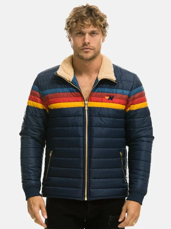 Rainbow Stripe Aviator Puffer Jacket – Bold Streetwear for Winter