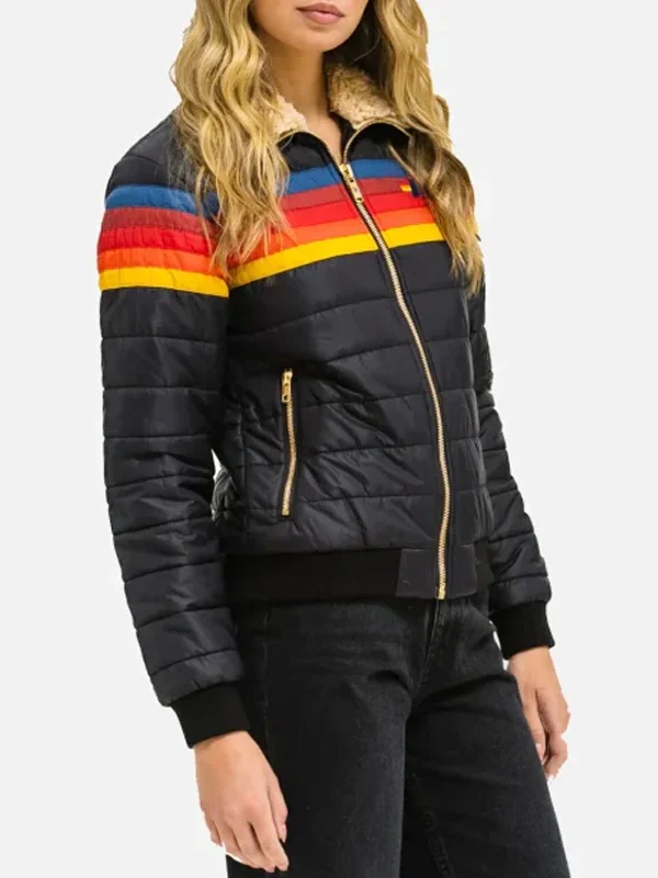 Rainbow Stripe Aviator Puffer Jacket – Bold Streetwear for Winter