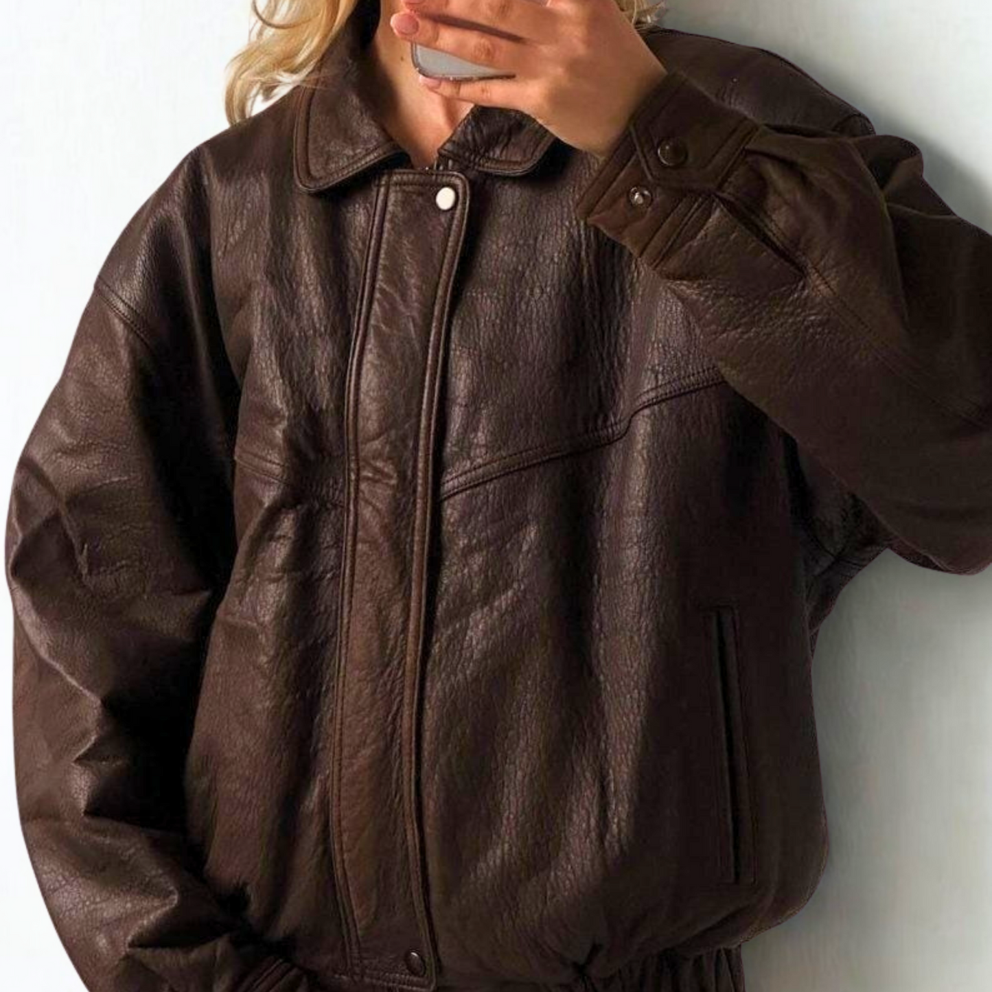 Women Oversize Brown Leather Jacket
