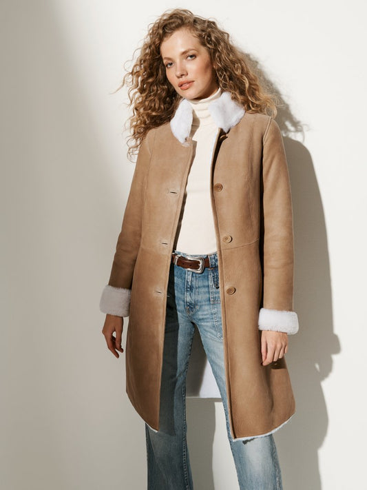 Women Beige Sheepskin Leather Coat