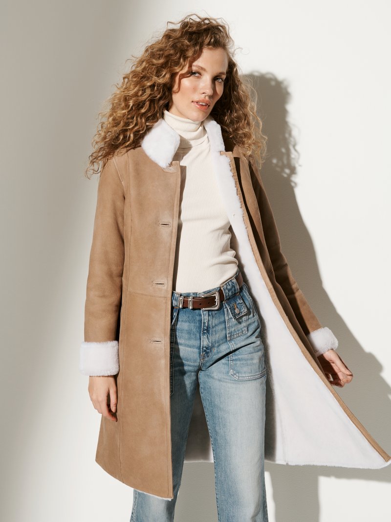 Women Beige Sheepskin Leather Coat