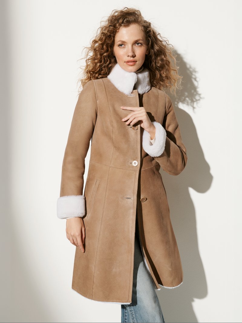 Women Beige Sheepskin Leather Coat