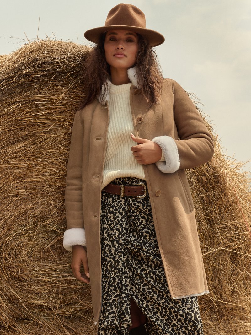 Women Beige Sheepskin Leather Coat