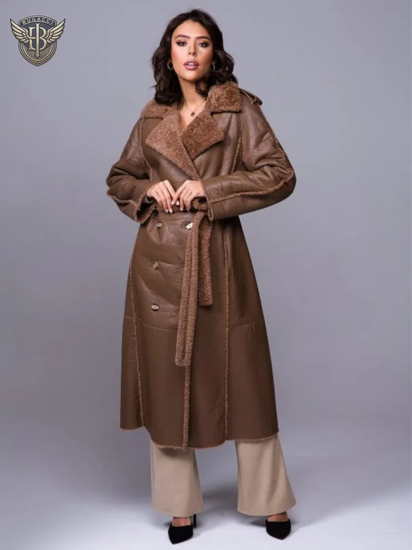 Women Brown Leather Shearling Coat