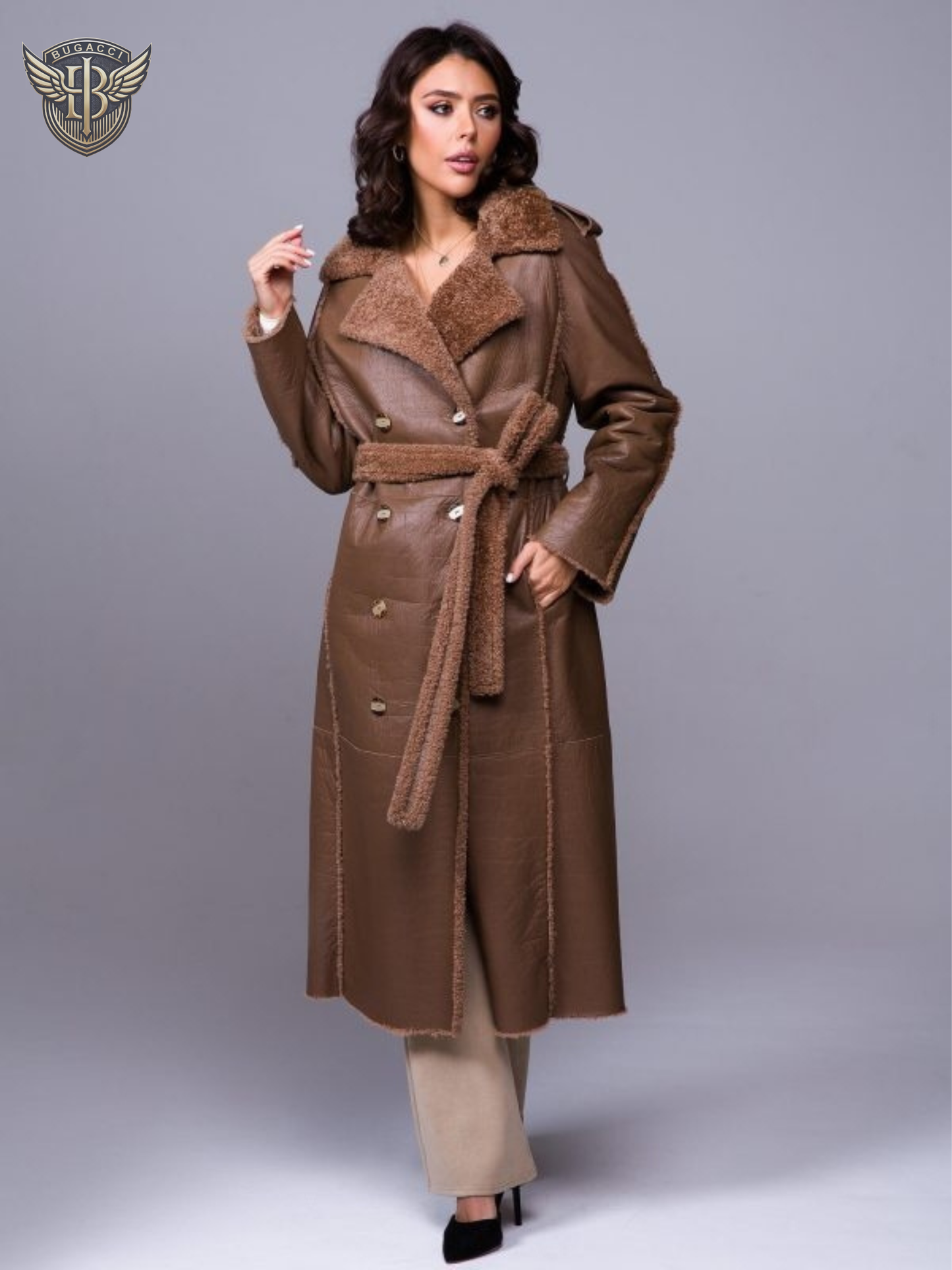 Women Brown Leather Shearling Coat