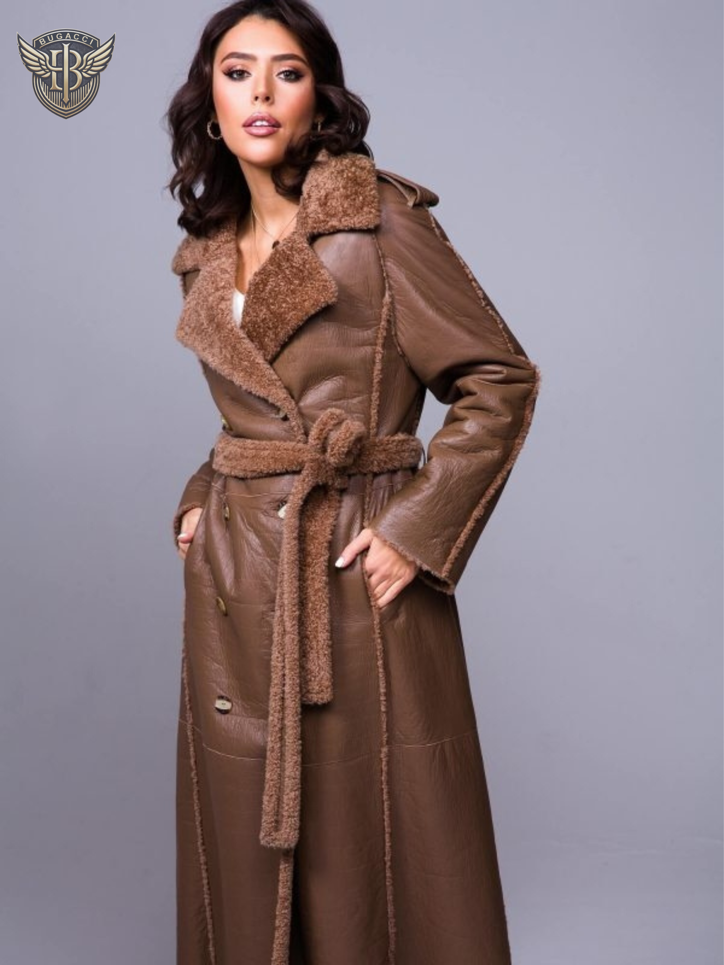 Women Brown Leather Shearling Coat