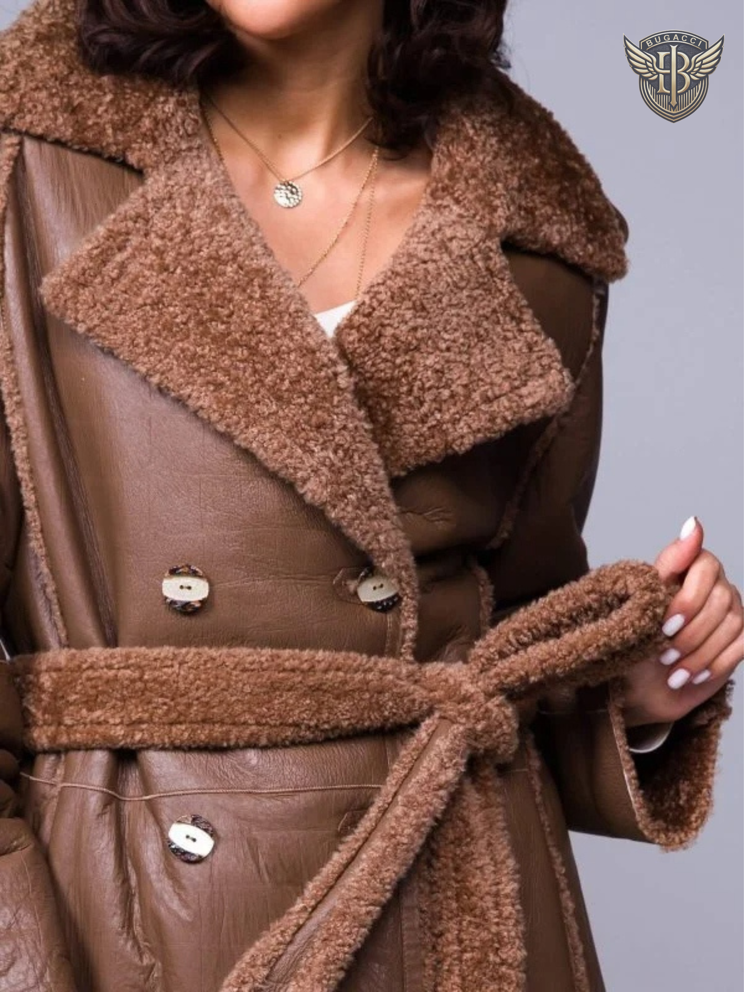 Women Brown Leather Shearling Coat