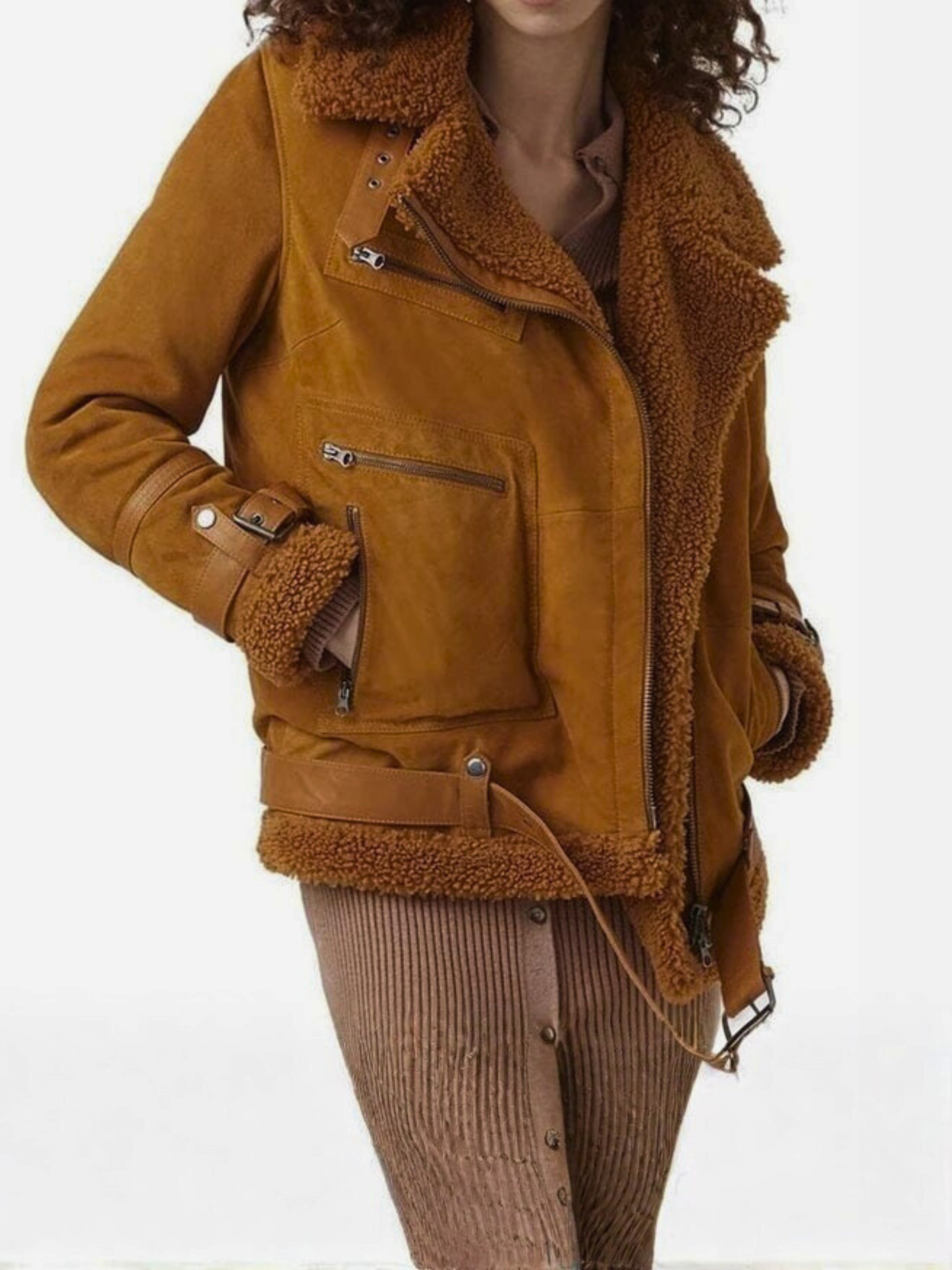 Women Aviator Shearling Suede Leather Jacket