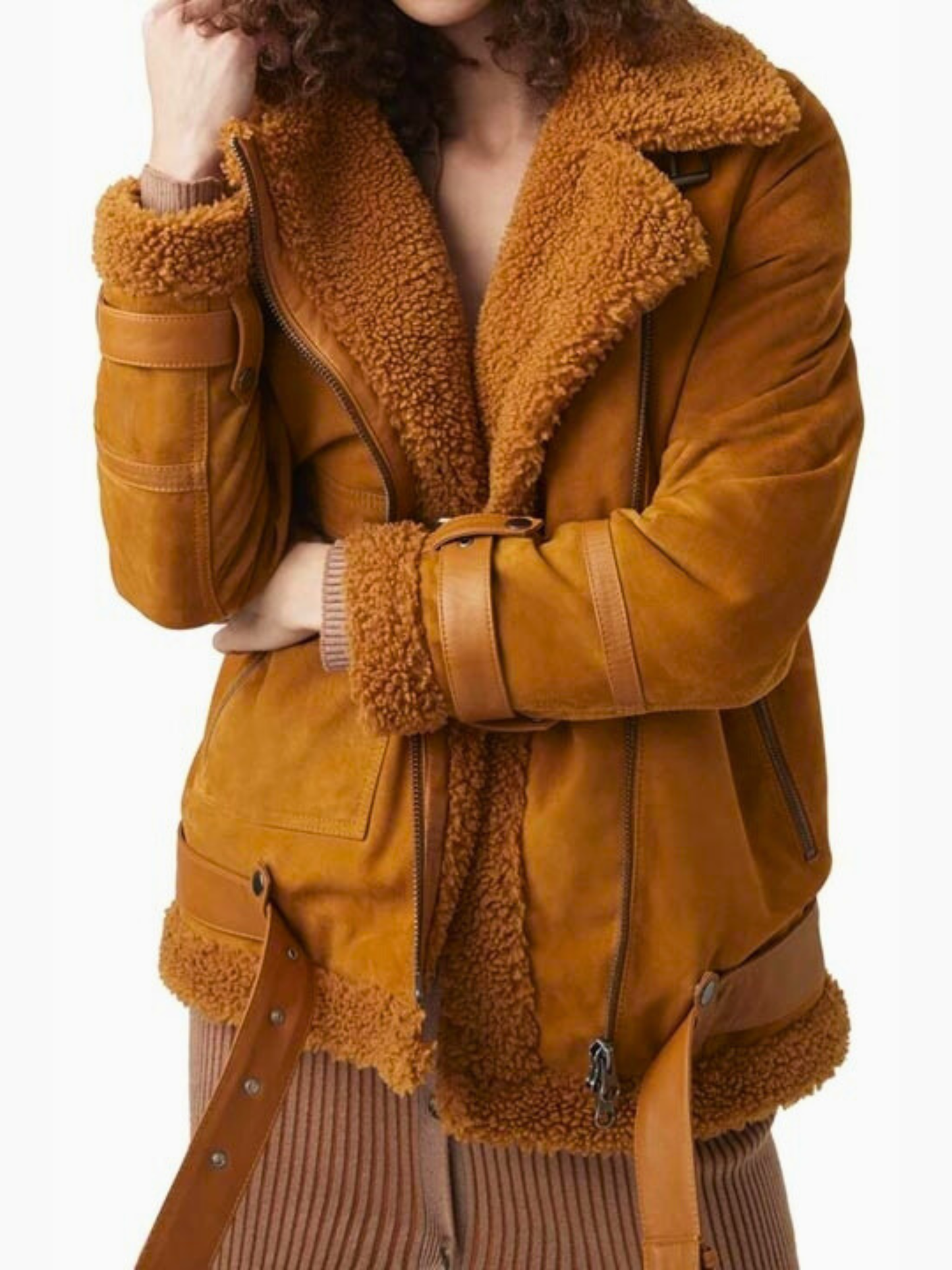 Women Aviator Shearling Suede Leather Jacket