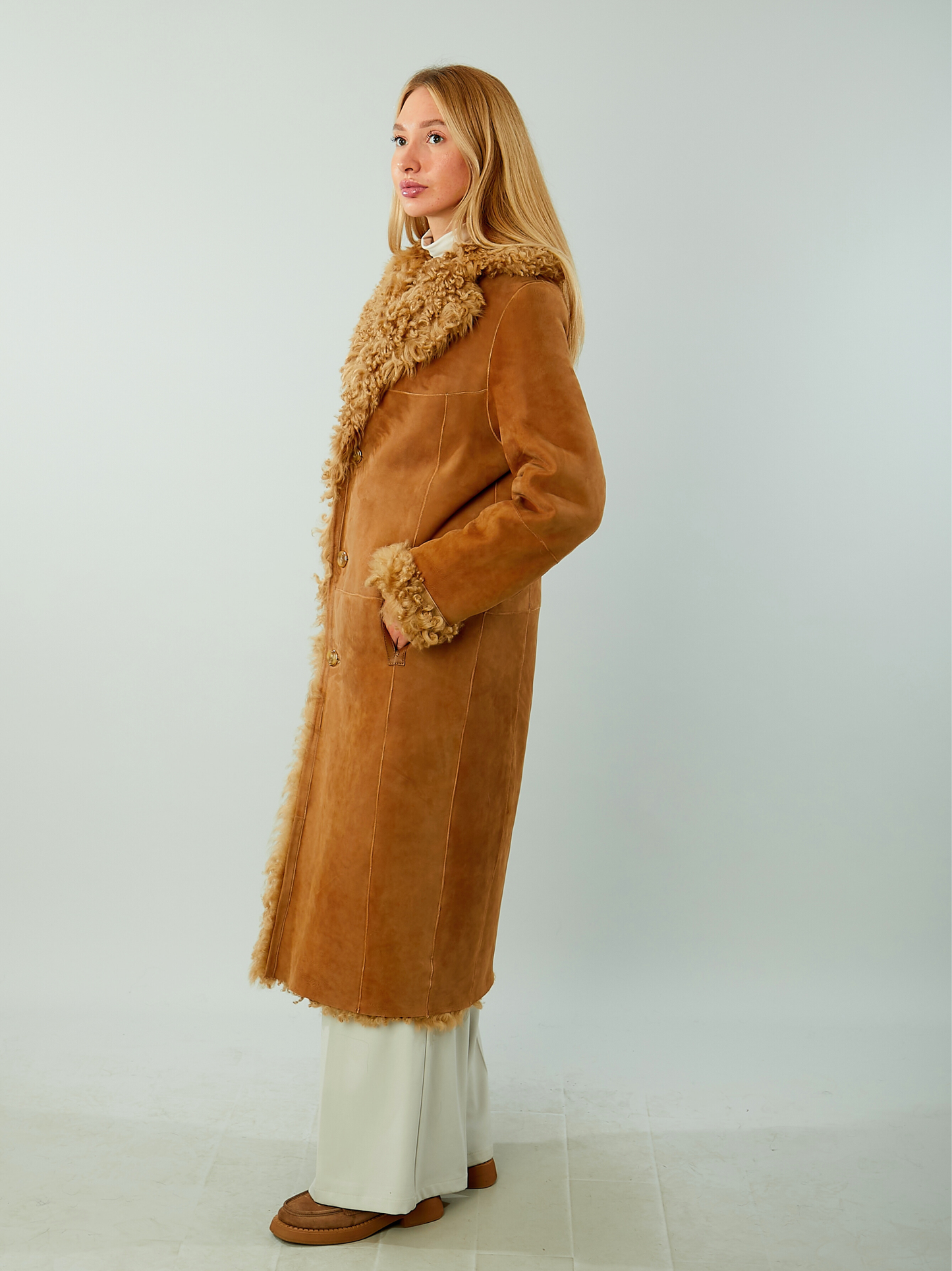 Brown Suede Leather Shearling Coat