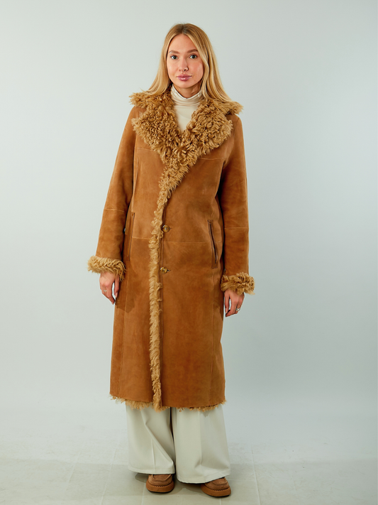 Brown Suede Leather Shearling Coat