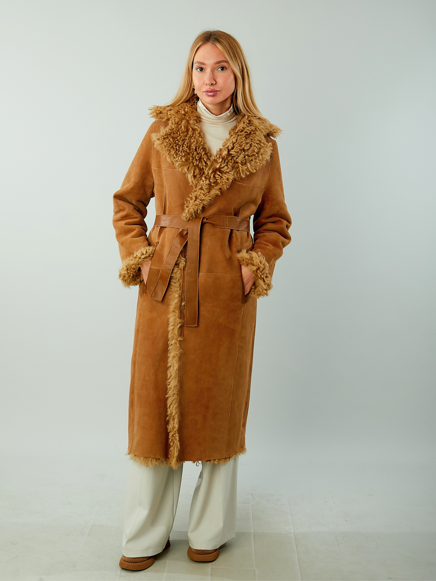 Brown Suede Leather Shearling Coat