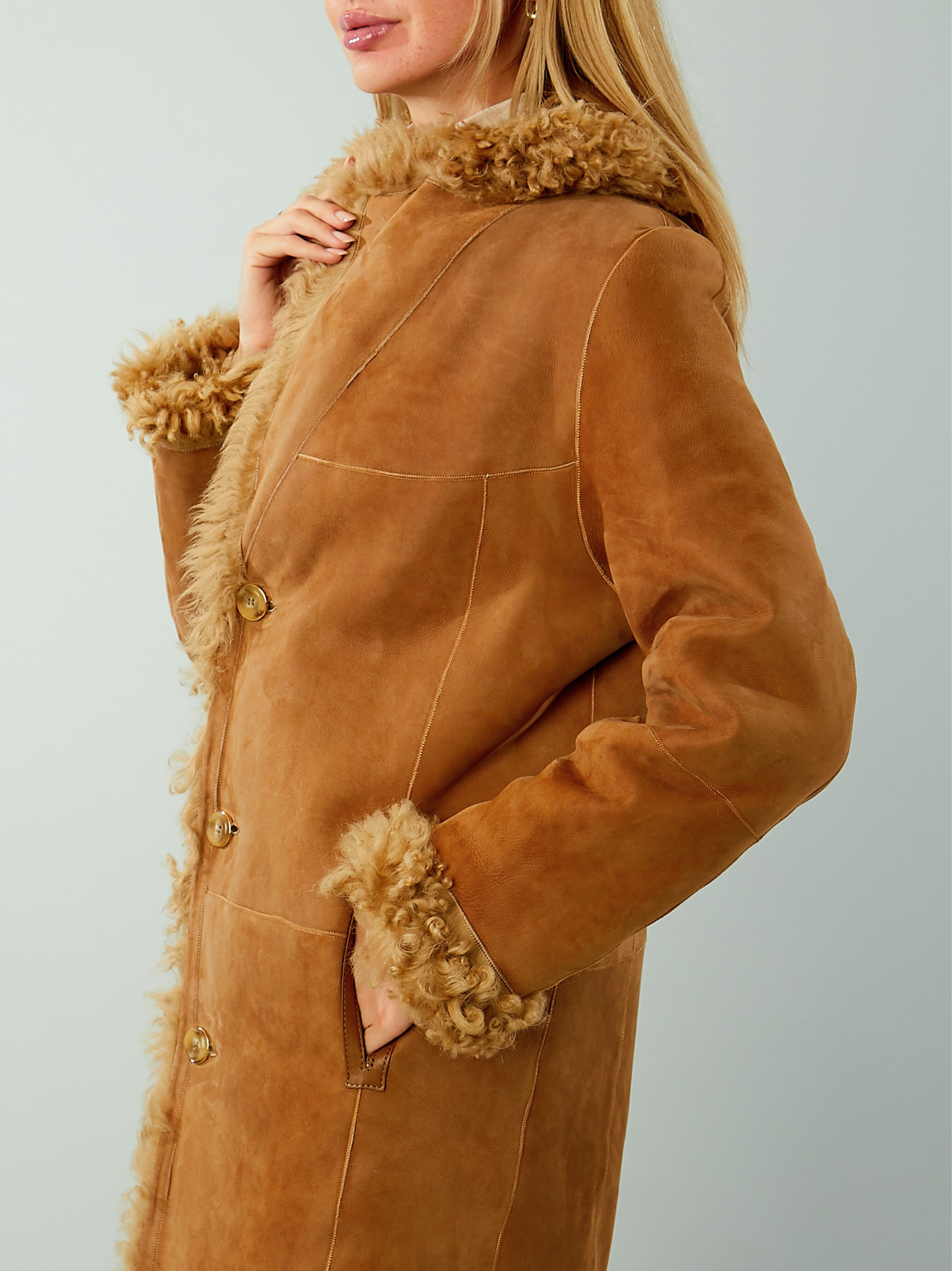 Brown Suede Leather Shearling Coat