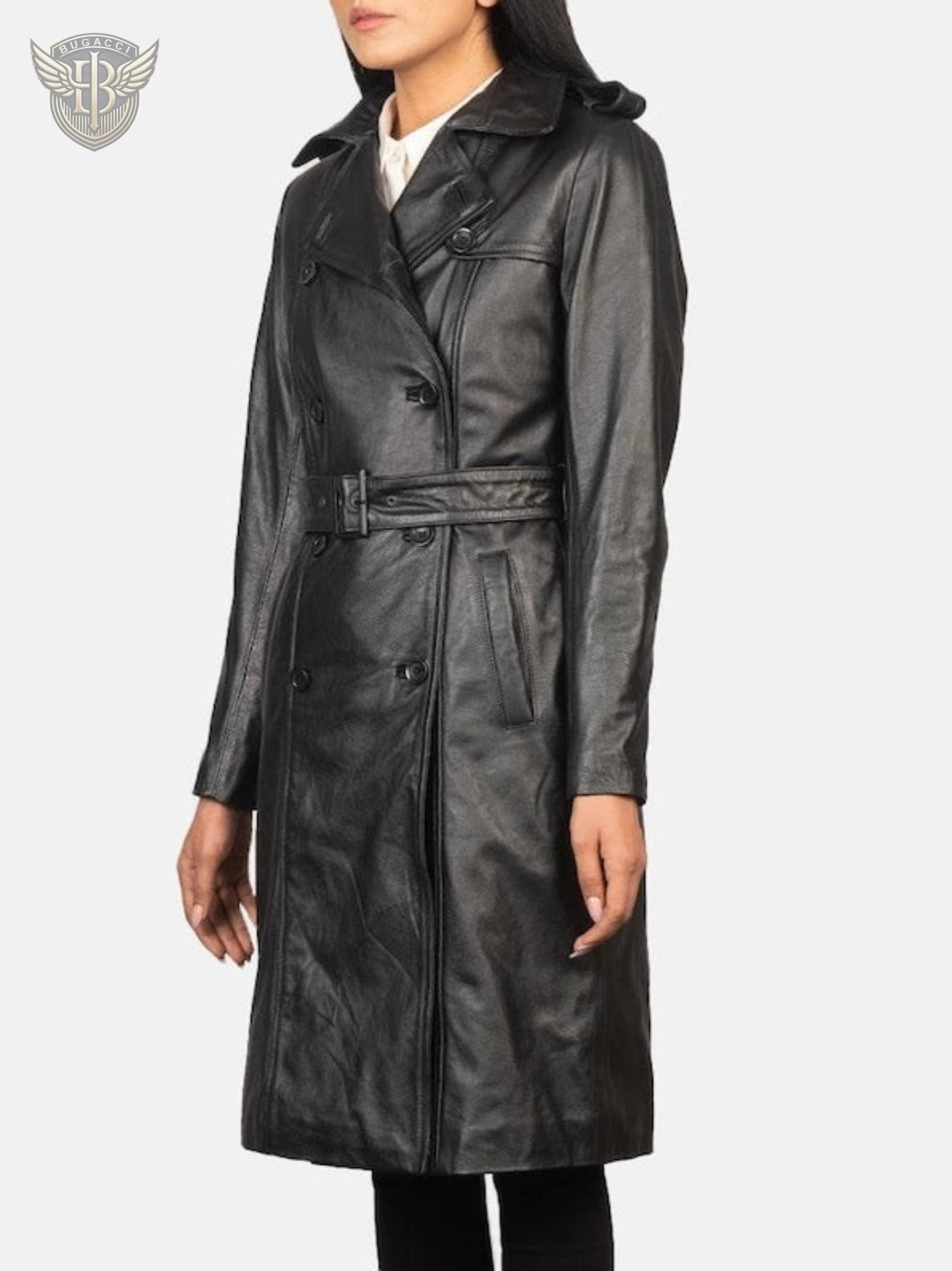 Women Black Leather Trench Coat