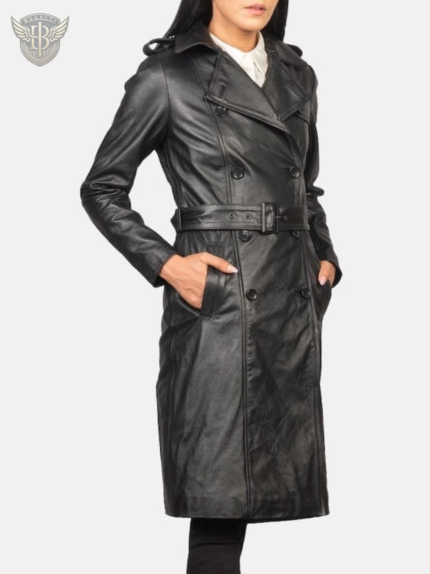 Women Black Leather Trench Coat