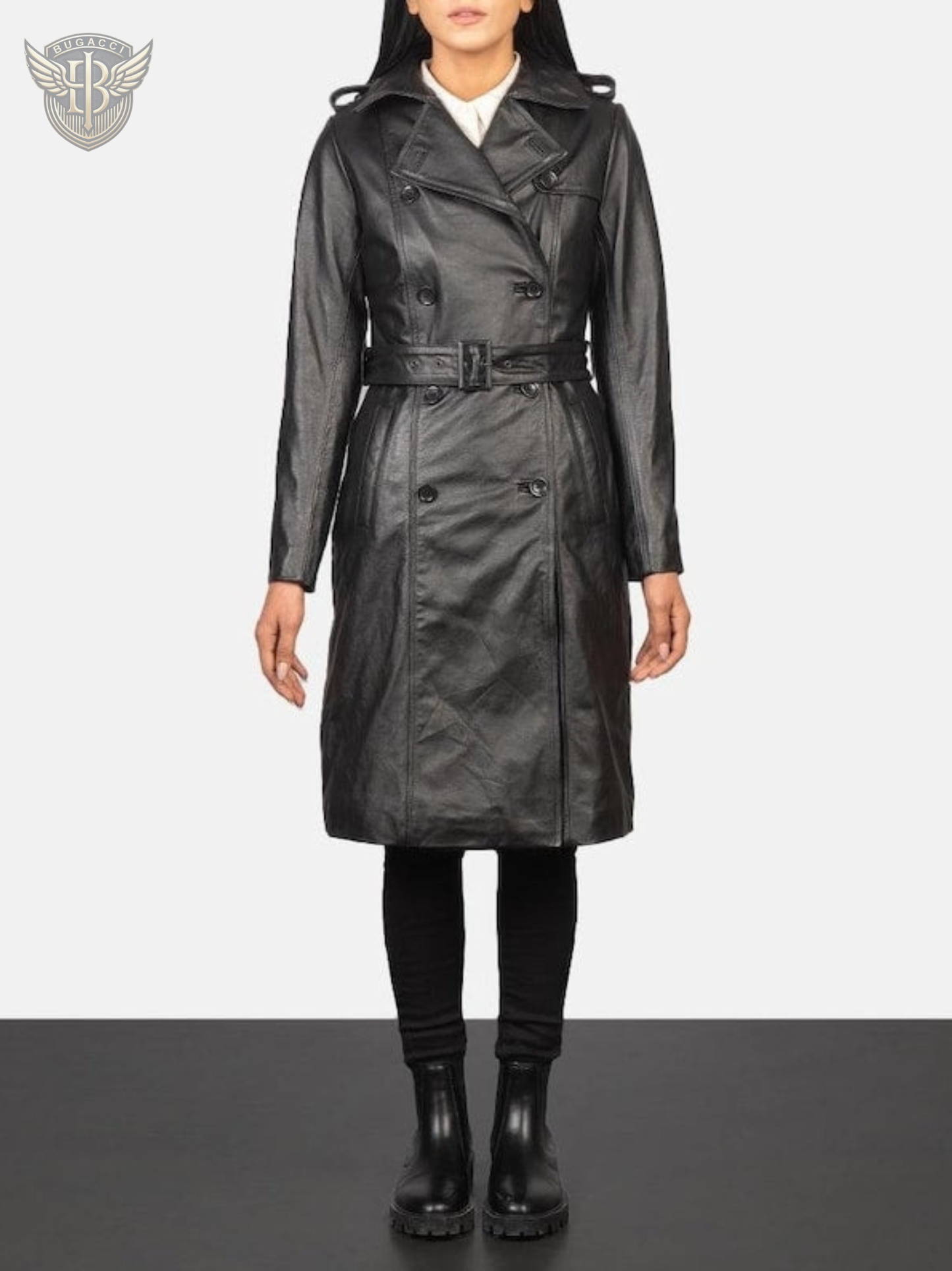Women Black Leather Trench Coat