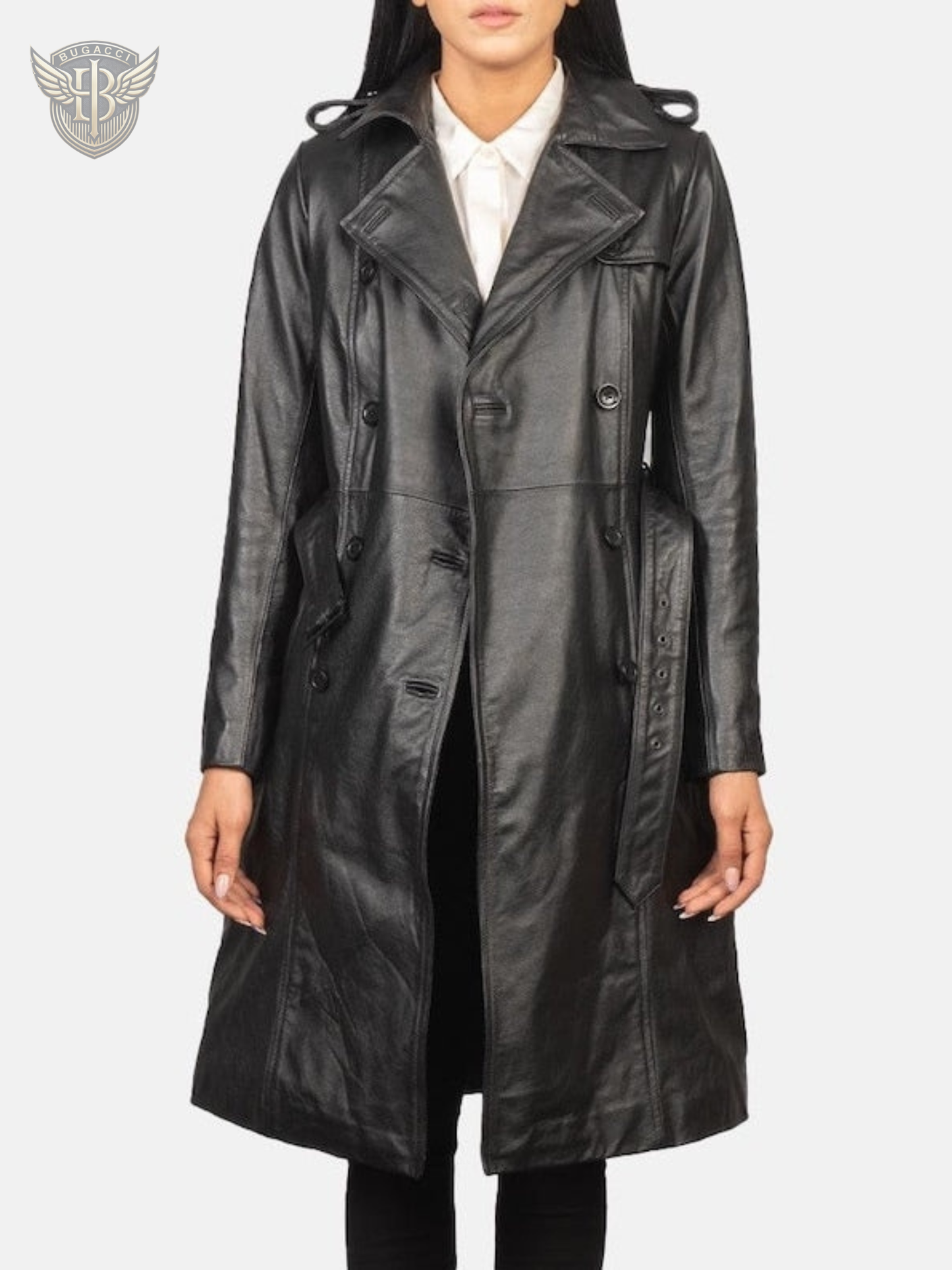 Women Black Leather Trench Coat