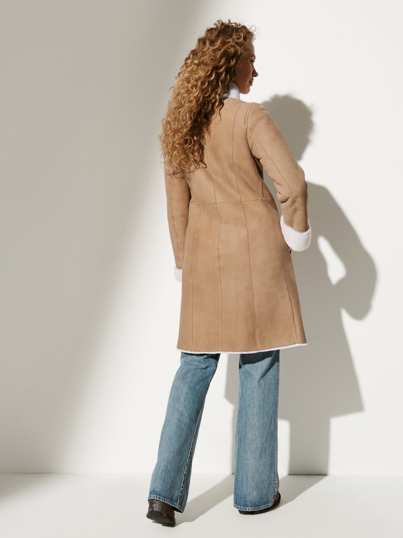 Women Beige Sheepskin Leather Coat