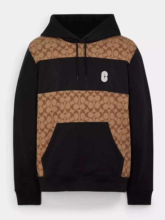 Grey & Khaki Printed Fleece Hoodie – Streetwear-Inspired Recreated Fashion