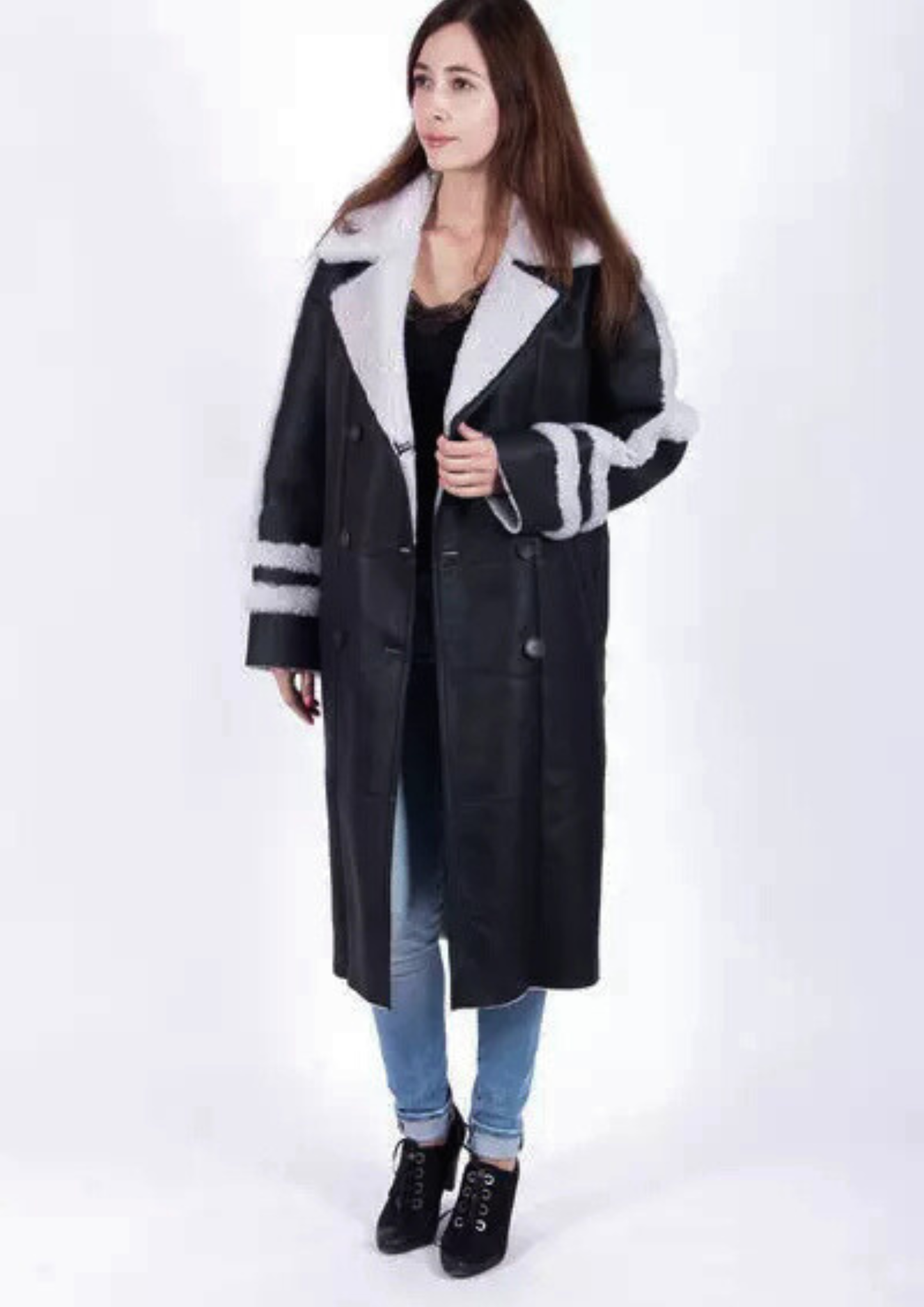 Women’s Double-Breasted Black Leather Coat