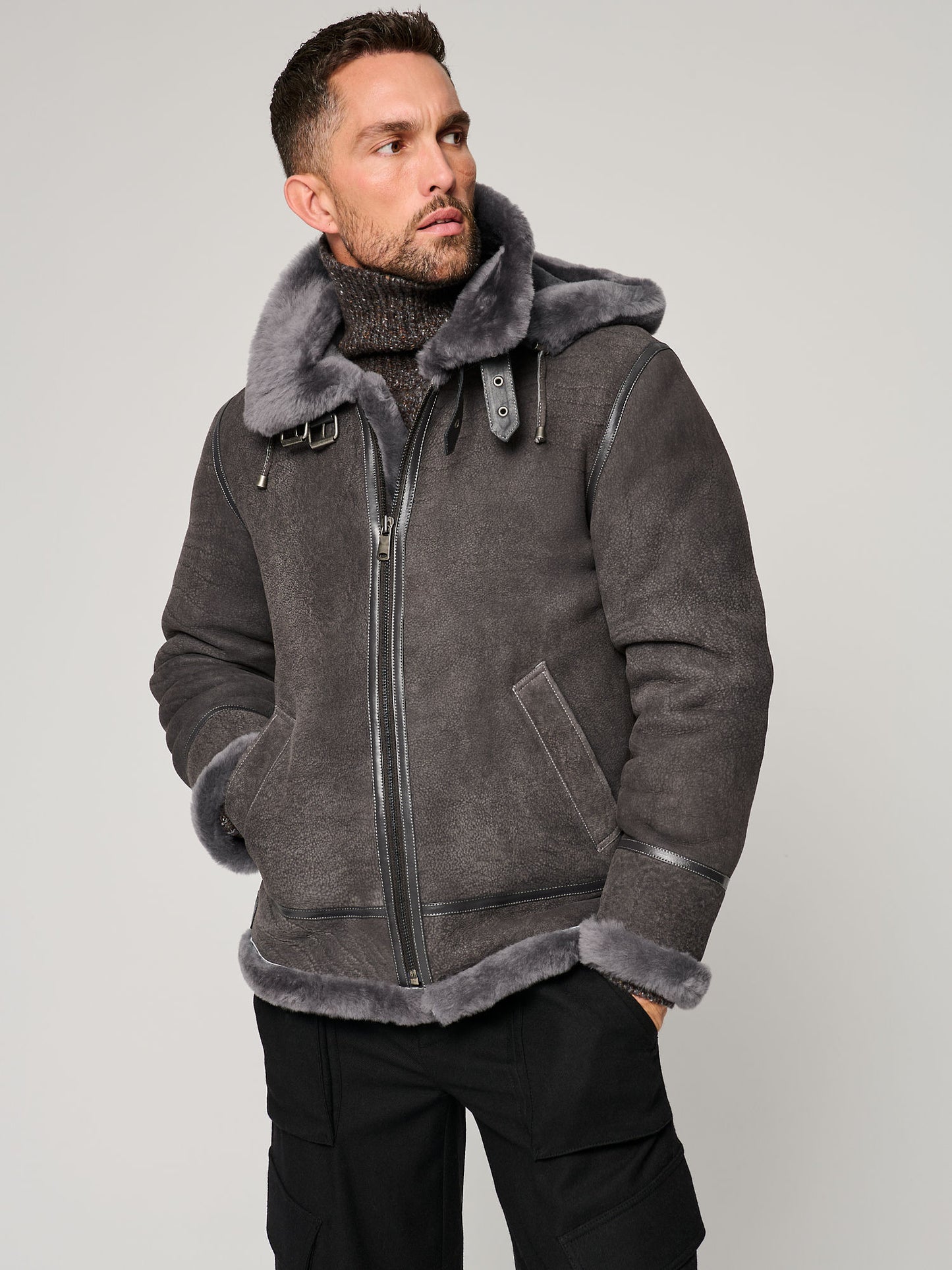 Men Classic Grey B-3 Aviator Hooded Jacket