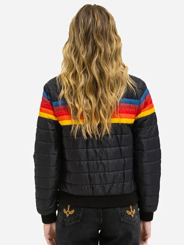 Rainbow Stripe Aviator Puffer Jacket – Bold Streetwear for Winter