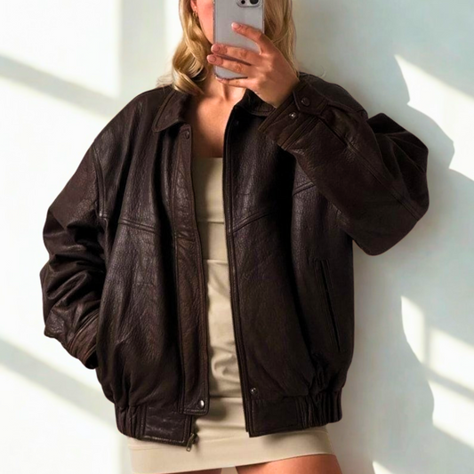 Women Oversize Brown Leather Jacket