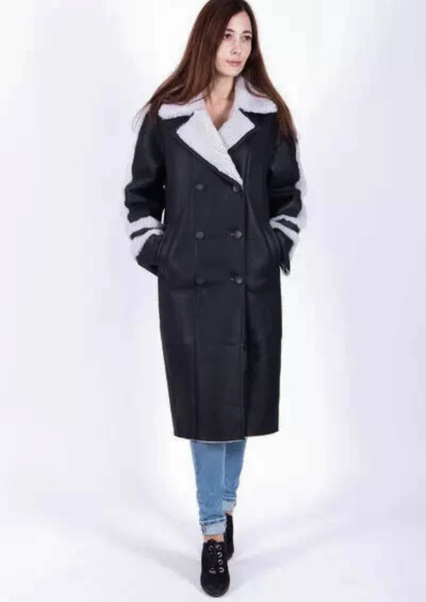 Women’s Double-Breasted Black Leather Coat