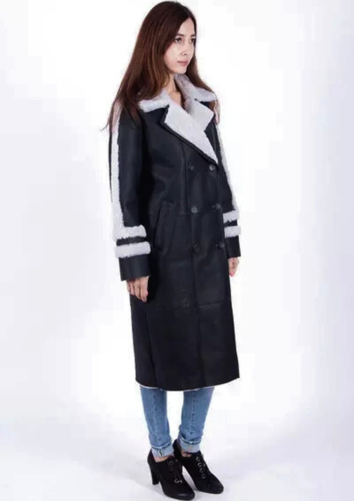 Women’s Double-Breasted Black Leather Coat