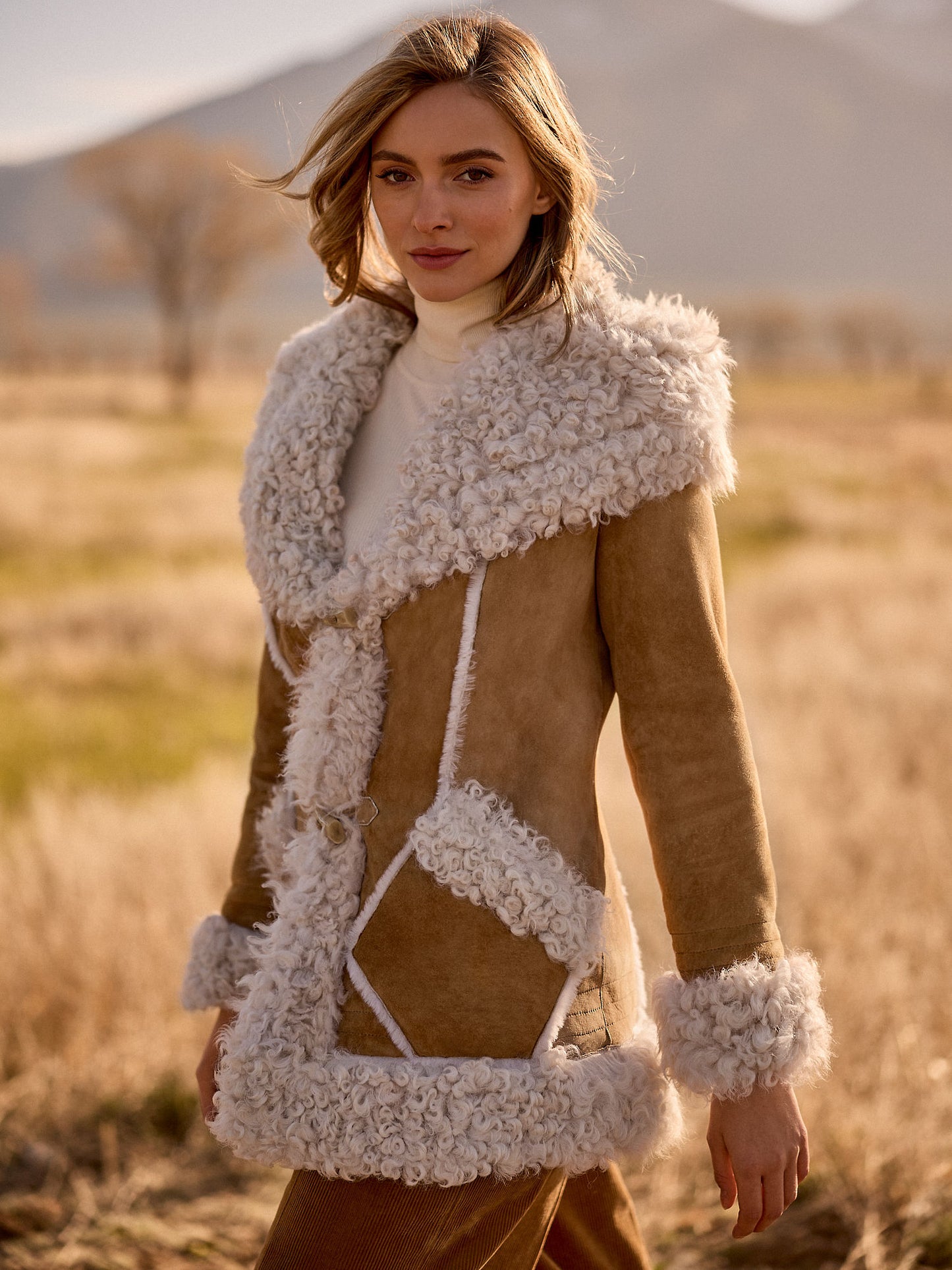 Women Brown Alaskan Shearling Hooded Coat