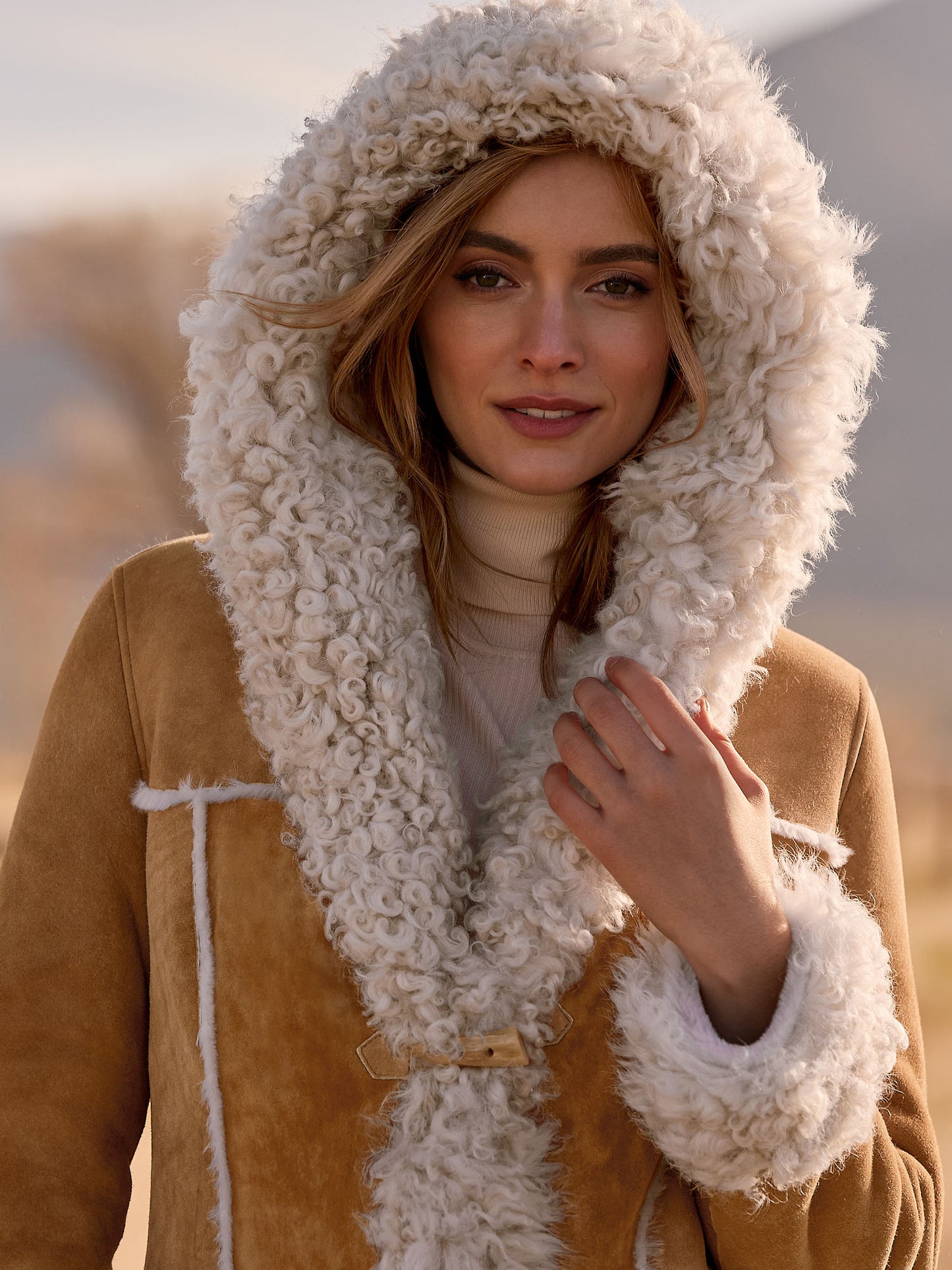 Women Brown Alaskan Shearling Hooded Coat