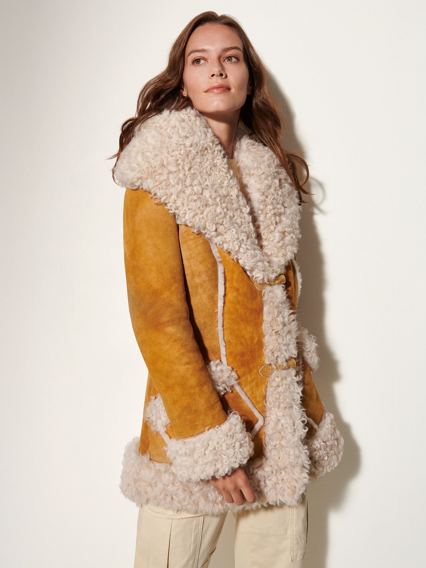 Women Brown Alaskan Shearling Hooded Coat