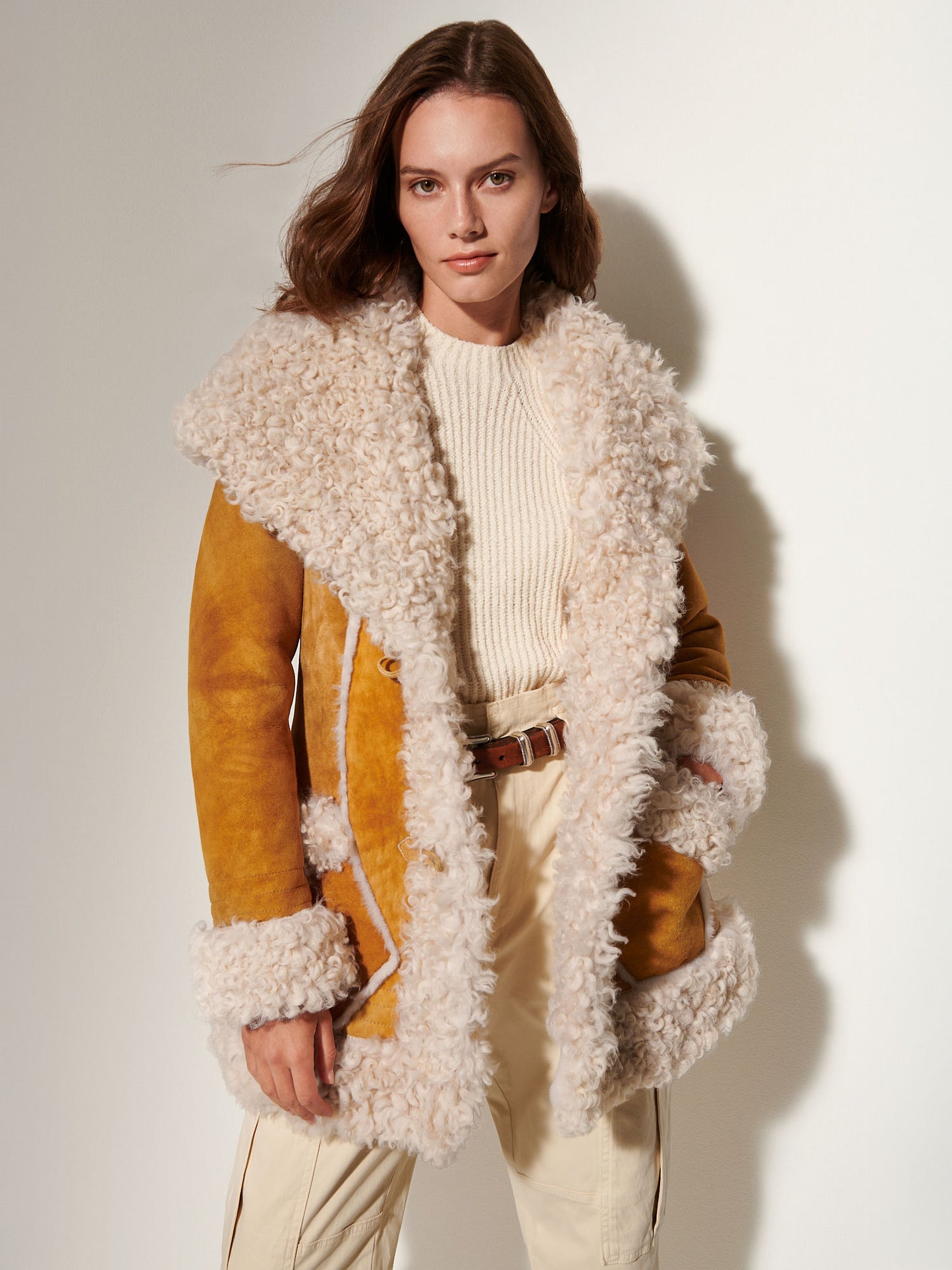 Women Brown Alaskan Shearling Hooded Coat