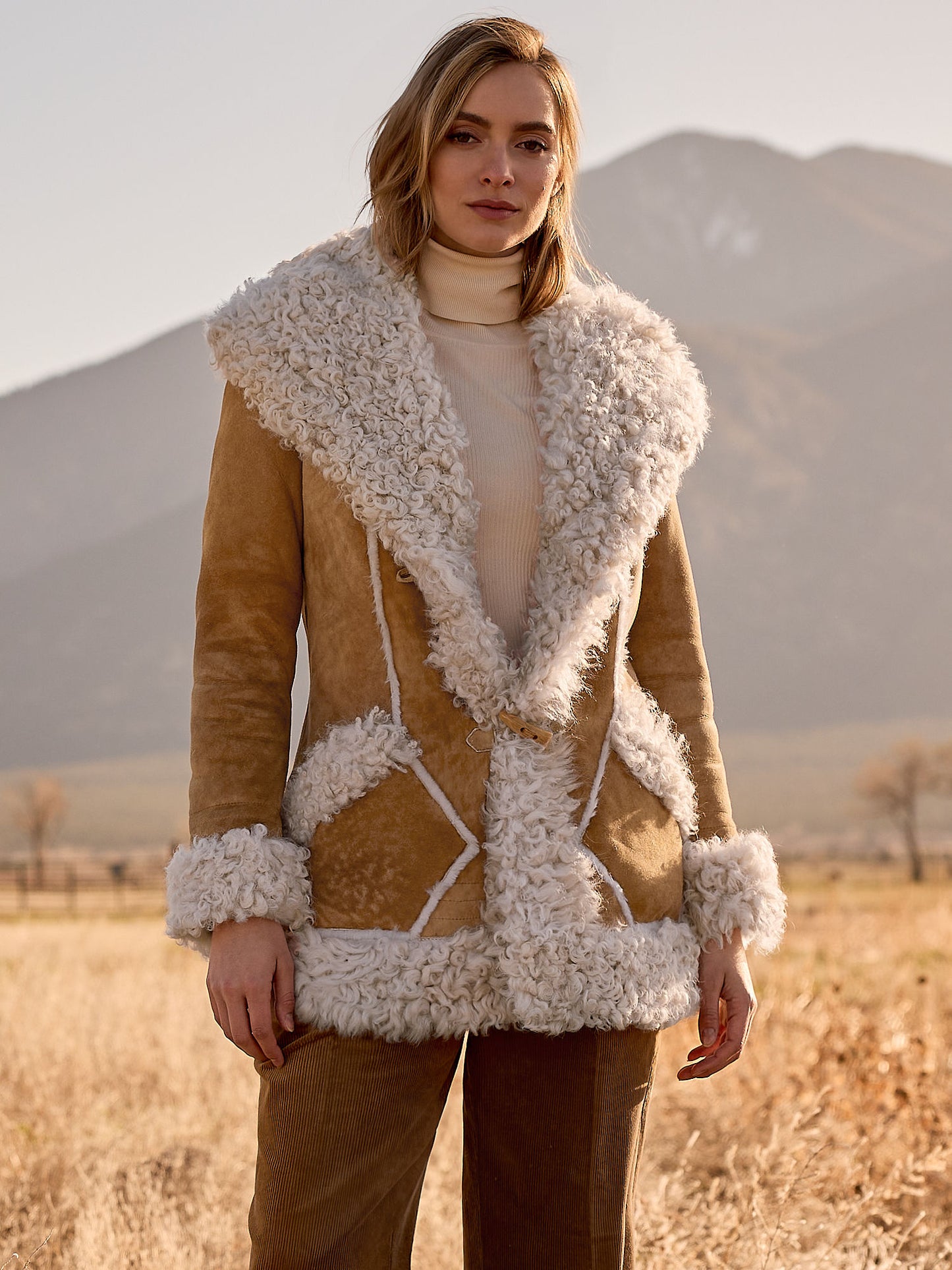 Women Brown Alaskan Shearling Hooded Coat