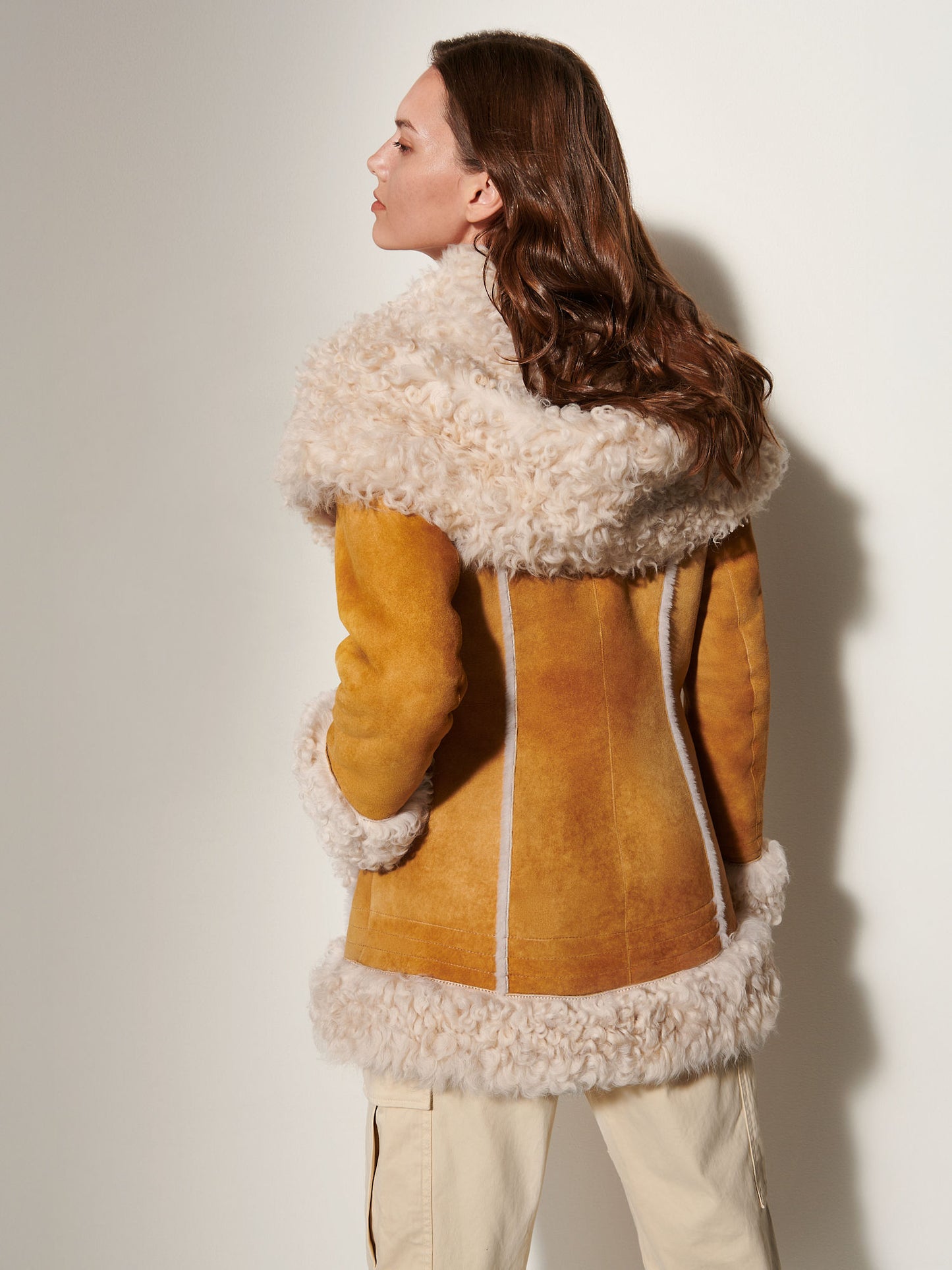 Women Brown Alaskan Shearling Hooded Coat