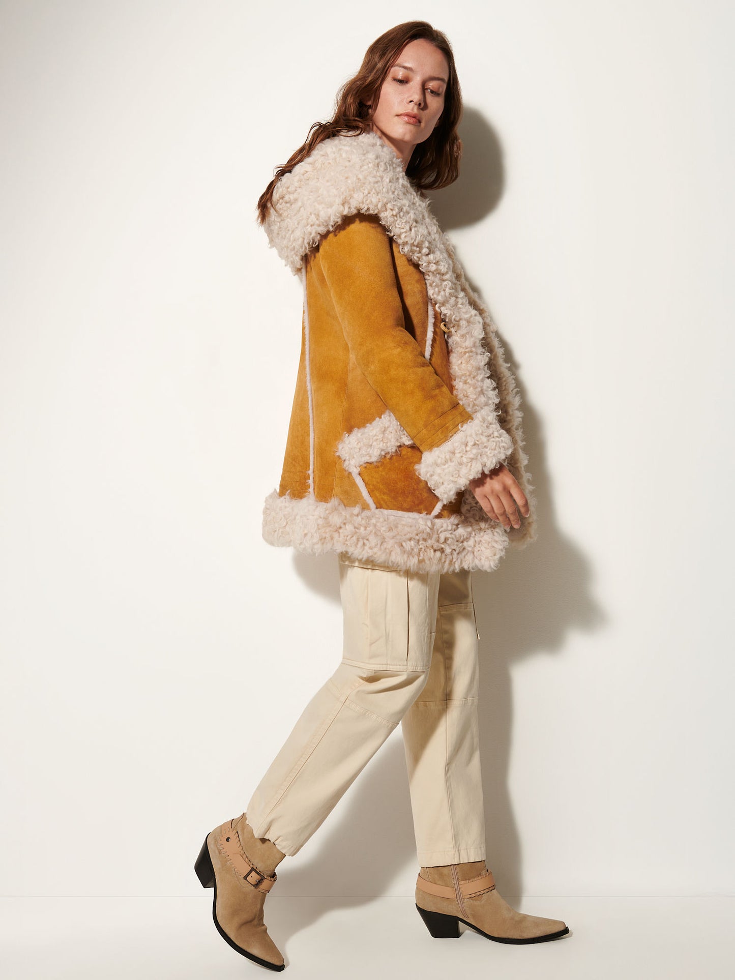 Women Brown Alaskan Shearling Hooded Coat