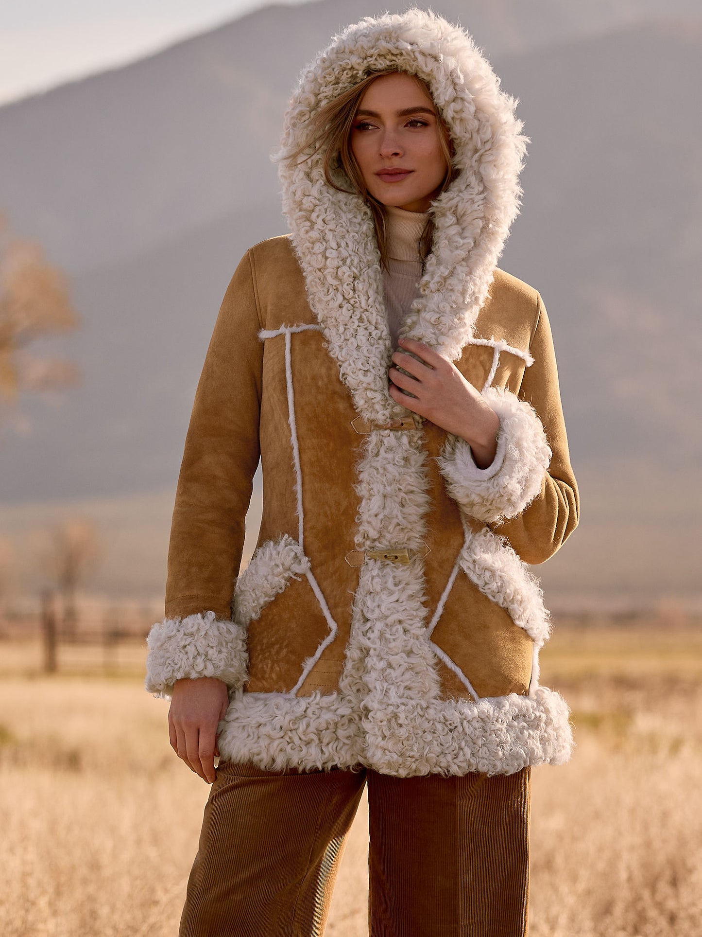 Women Brown Alaskan Shearling Hooded Coat