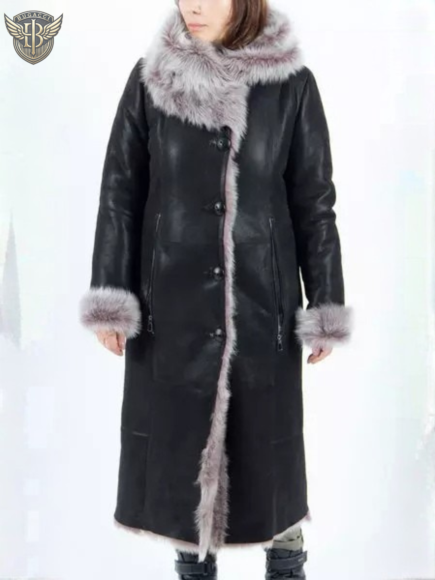 Women Black Shearling Hooded Coat