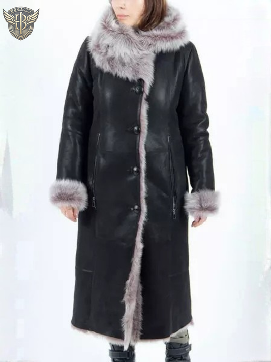 Women Black Shearling Hooded Coat