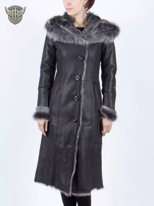 Women Black Shearling Hooded Coat