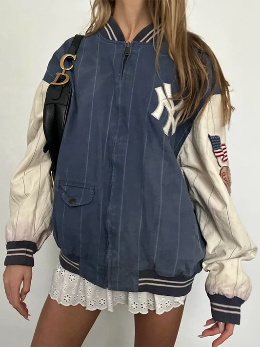 Vintage Blue Zip-Up Bomber Jacket – Retro Baseball Style