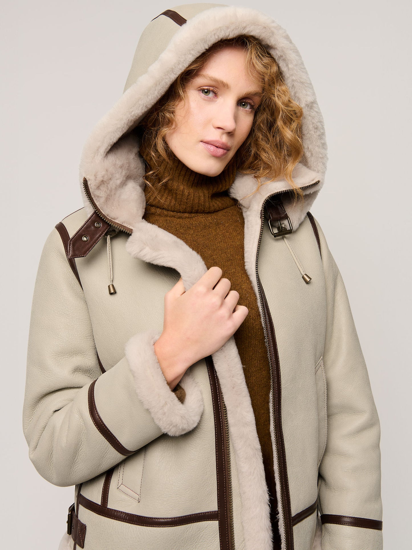 Women Grey Jane Hooded Shearling Jacket