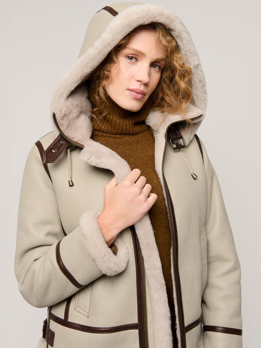 Women Grey Jane Hooded Shearling Jacket