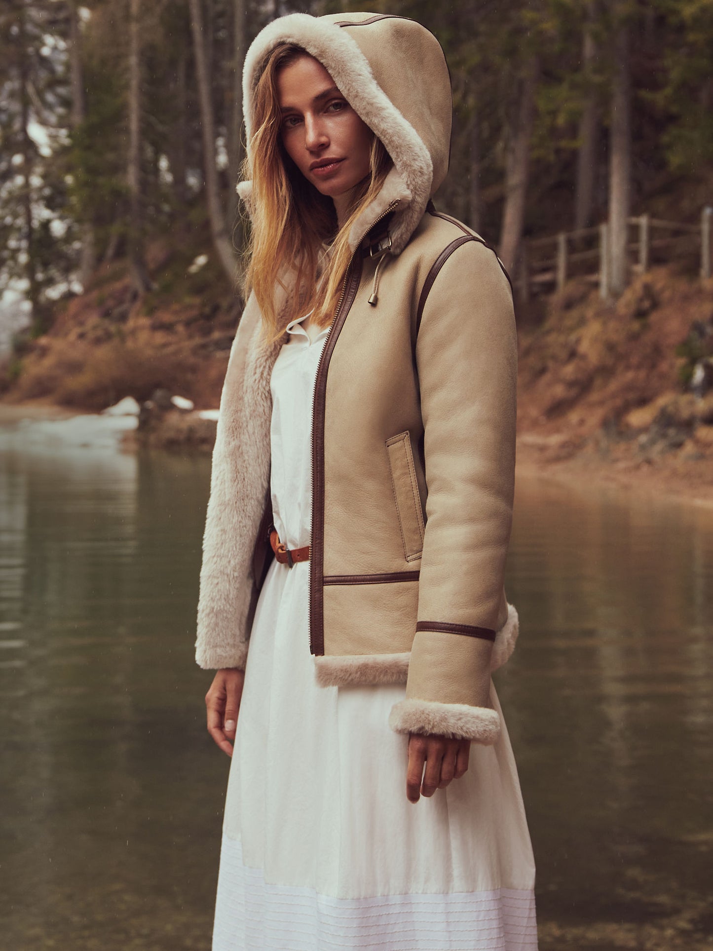 Women Grey Jane Hooded Shearling Jacket