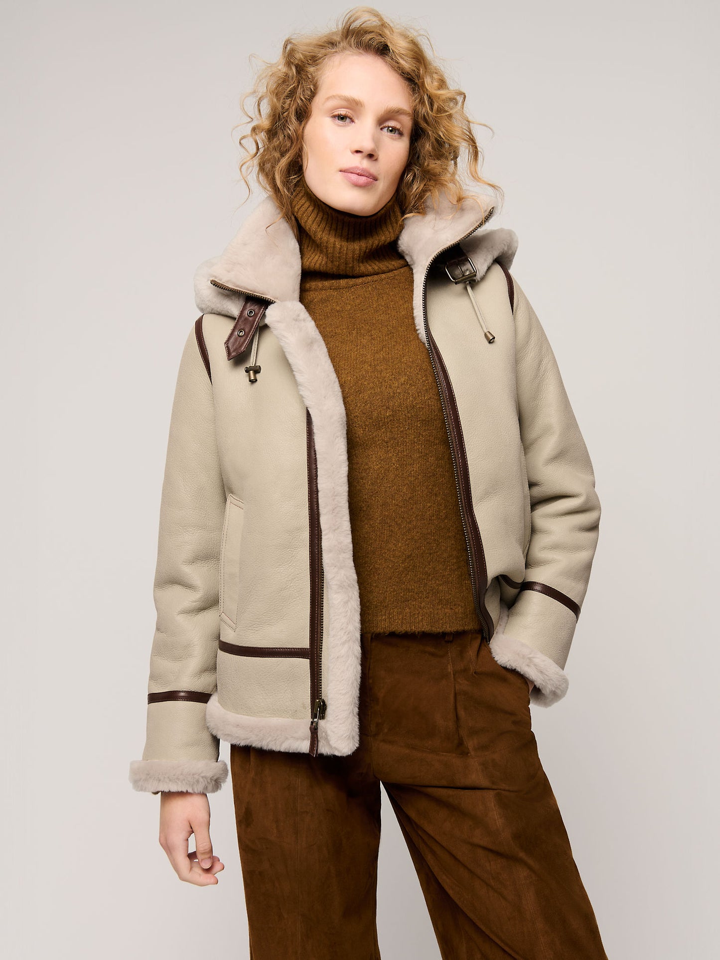Women Grey Jane Hooded Shearling Jacket