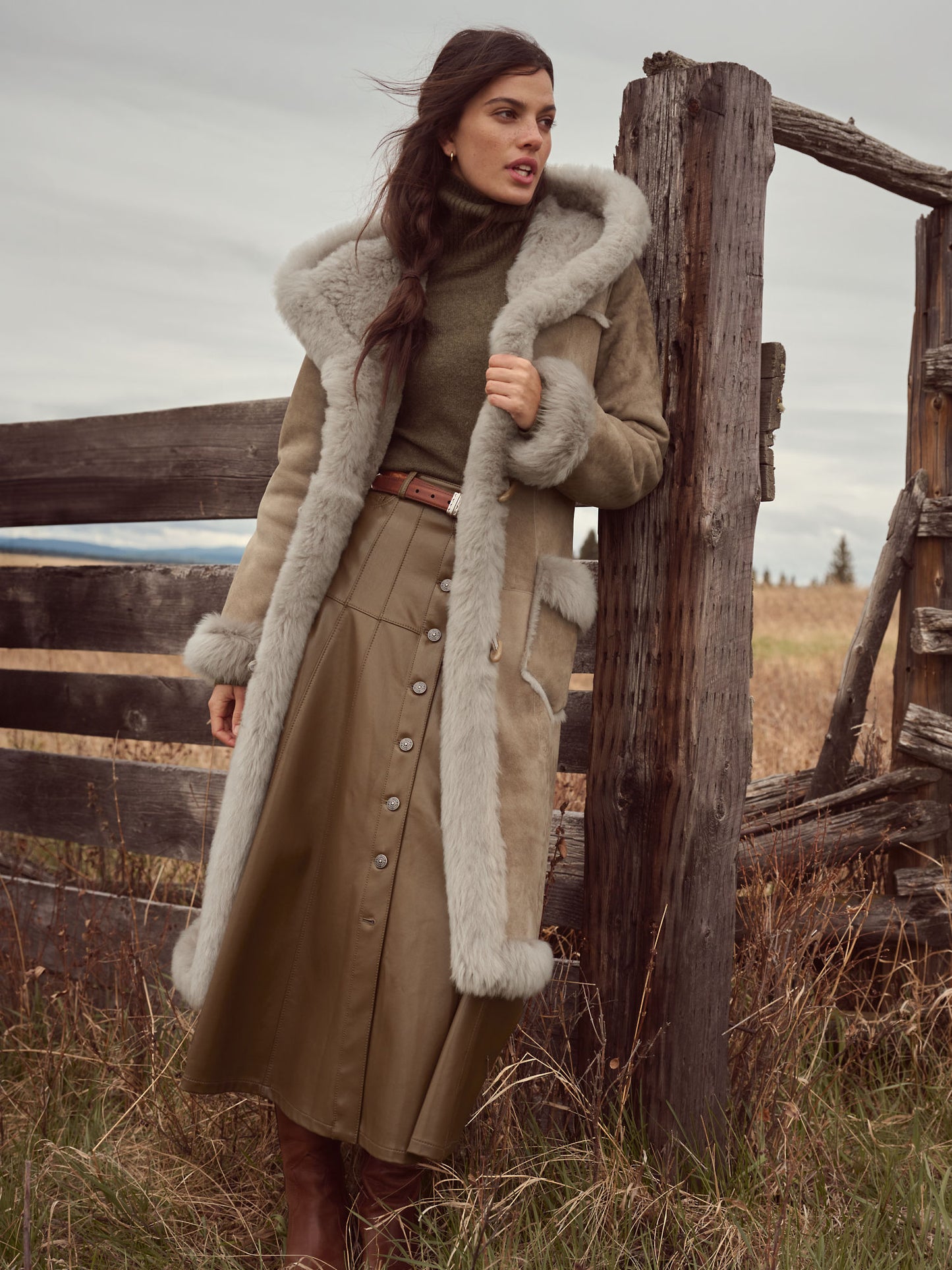 Women Sheepskin Grey Shearling Long Coat