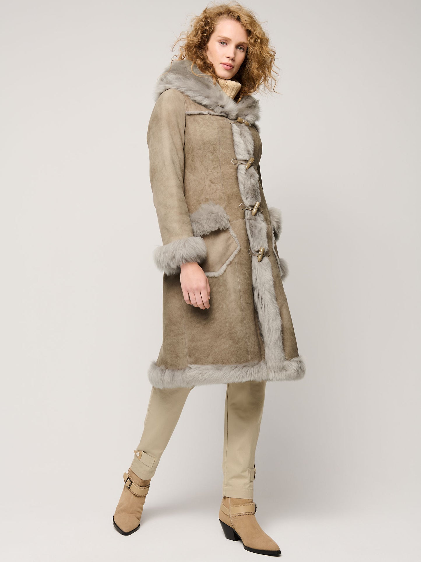 Women Sheepskin Grey Shearling Long Coat