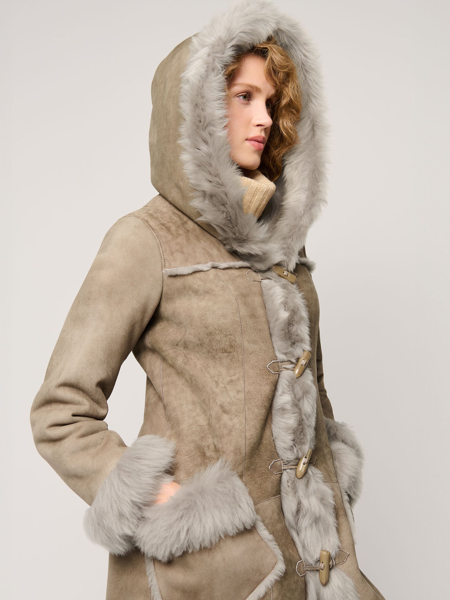 Women Sheepskin Grey Shearling Long Coat