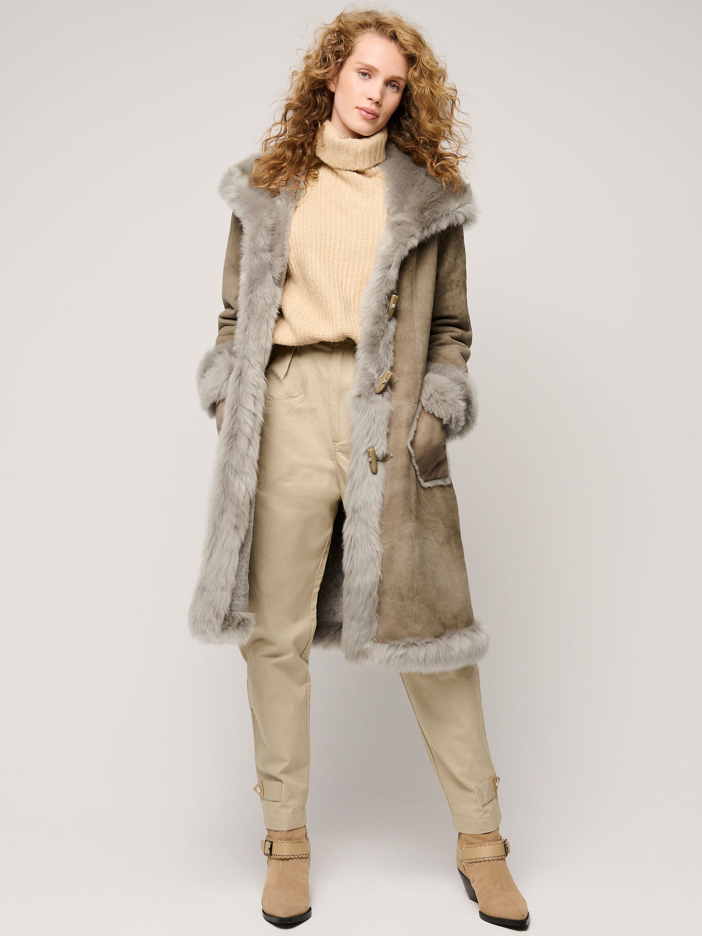 Women Sheepskin Grey Shearling Long Coat